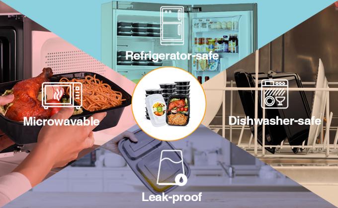 Contenedores de preparación de comidas reutilizables, contenedores de alimentos de 2 compartimientos con tapas para llevar contenedores, contenedores de plástico negro 2