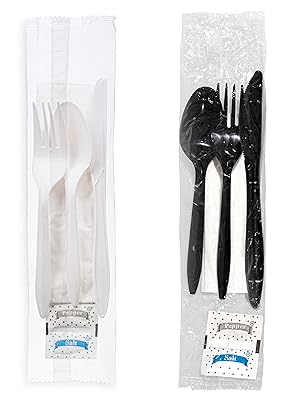 Set de cubiertos de plástico envueltos individualmente con servilleta + paquetes de sal y pimienta en blanco (250 contados) preenvueltos 0