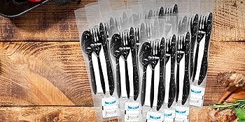 Set de cubiertos de plástico envueltos individualmente con servilleta + paquetes de sal y pimienta en blanco (250 contados) preenvueltos 1