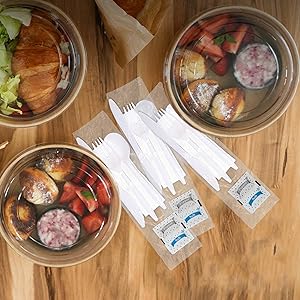 Set de cubiertos de plástico envueltos individualmente con servilleta + paquetes de sal y pimienta en blanco (250 contados) preenvueltos 3