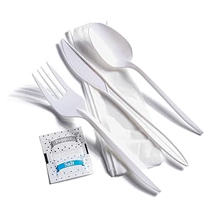 Set de cubiertos de plástico envueltos individualmente con servilleta + paquetes de sal y pimienta en blanco (250 contados) preenvueltos 4