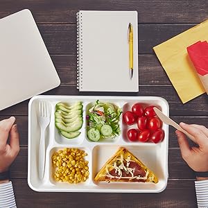 Compostable 6 placas de compartimiento, 90 paquetes de placas de papel de compartimiento, 12,5 * 8,6 pulgadas placas de almuerzo escolares desechables 1