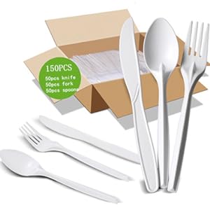 Conjunto de cubiertos compostables utensilios pesados ecológicos (50 tenedores, 50 cucharas, 50 cuchillos) utensilios biodegradables 2