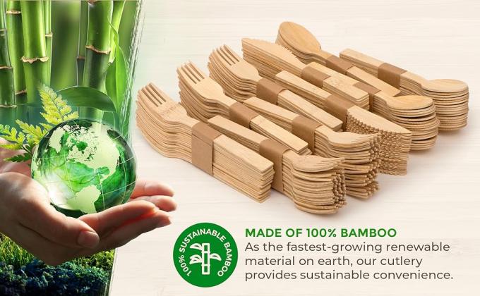 Utiliarios de exterior desechables de bambú, cubiertos 100% de bambú cubiertos de madera cubiertos ecológicos cubiertos compostables 0