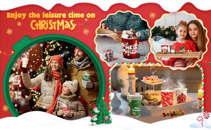 Tazas de café de papel de Navidad con mangas tapas 12 oz Xmas Taza desechable de fiesta Árbol de Navidad Tazas de cacao caliente 4