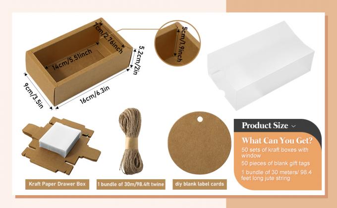 Cajas de cajones de papel Kraft rectangulares con ventana Cajas de jabón caseras Cajas de Kraft con etiquetas Correa de yute para joyas 0