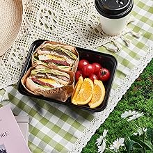 FULING 50 Pack Meal Prep Plastic Food Storage Containers With Lids Black To Go Lunch Prepping Boxes