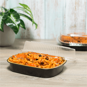 50 oz Oval de aluminio de papel de vidrio con tapa Snap-On toma de la sartén con tapa de domo PET transparente 2X más grueso de trabajo pesado reutilizable 2