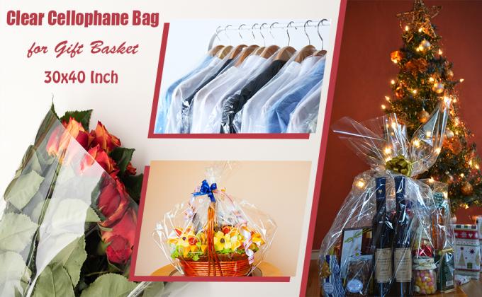 Bolsas de cello/celófano grandes, bolsas de cestas claras de 30x 40 pulgadas, envoltura de celófano de plástico OPP para cestas de regalo embalaje 0