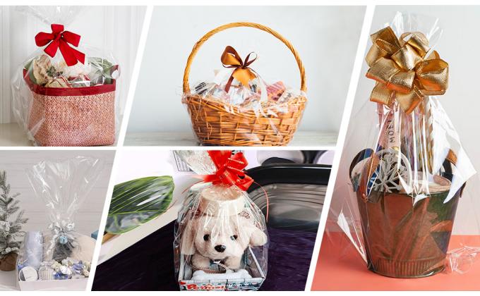 Envase de celofán para cestas de regalo, bolsas de regalo de plástico Opp con arcos rojos Envase de cinta para cestas y regalos 4