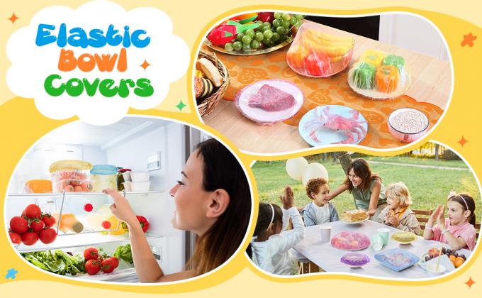 Elementos culinarios cubiertas de tazón reutilizables con cubierta de almacenamiento de alimentos de plástico y elástico para sobras 6