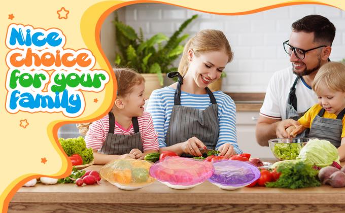 Elementos culinarios cubiertas de tazón reutilizables con cubierta de almacenamiento de alimentos de plástico y elástico para sobras 7