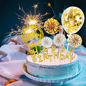 Papel de cumpleaños Fans Banner Confetti Balón Fuego de artificio Dorado Cupcake Topper Para el oro Temática de la fiesta Decoración Niña Niño Niño 1