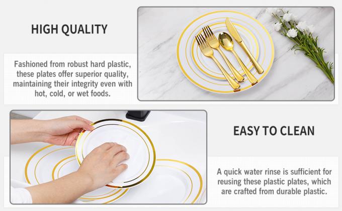 Platos desechables de oro para 100 invitados, platos de plástico para la fiesta, conjunto de vajilla de platos de cena, platos de ensalada 2