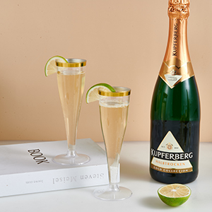 Flautas de champaña de plástico, vasos de borde de oro de 4,5 oz, vasos de tostado transparentes desechables vasos reciclables para la fiesta de bodas 3