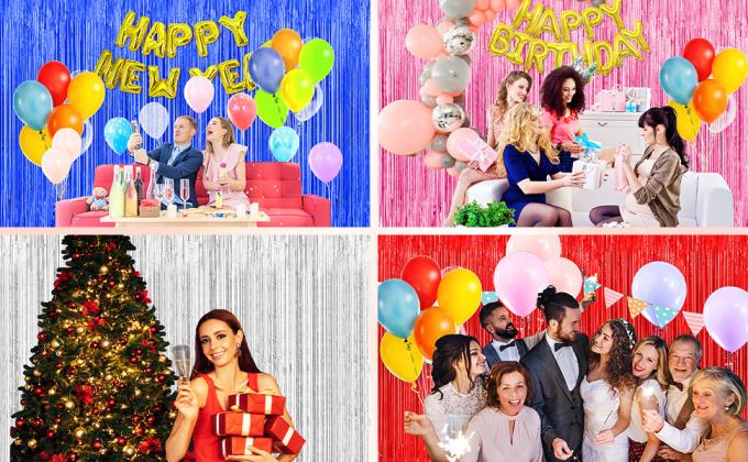 Fondo para decoraciones de fiestas, cortinas de fondo de franjas de papel aluminio, corredores de tintelería para decoraciones de fiestas de cumpleaños 5