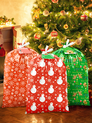 Bolsas de regalo de Navidad de gran tamaño Bolsas de Navidad de gran tamaño Bolsas de regalo de plástico de gran tamaño con etiqueta y corbata, Jumbo Grande 3