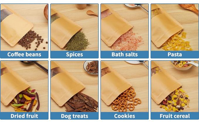 Bolsas de papel Kraft de pie con ventana mate, bolsas de almacenamiento de alimentos con cerradura por cremallera para productos de embalaje, reutilizables, sellables 1