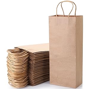Bolsas de papel Kraft, 5.4"X3.3"X13" Bolsas de vino marrón reciclables Bolsas de regalo de papel Bolsas de venta al por menor Bolsas de envío con manijas a granel 2