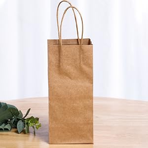 Bolsas de papel Kraft, 5.4"X3.3"X13" Bolsas de vino marrón reciclables Bolsas de regalo de papel Bolsas de venta al por menor Bolsas de envío con manijas a granel 6