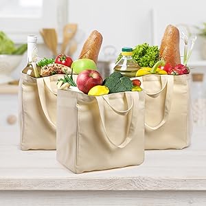 Canvas Grocery Tote Bags with Bottle Sleeves